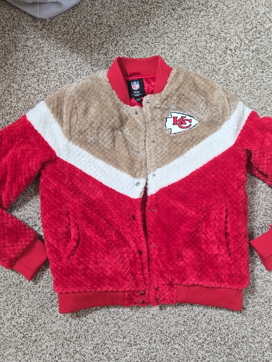 NFL Jackets & Blazers - NFL Red, Tan & White KC Cheifs Fuzzy Bomber Jacket with Team Patch